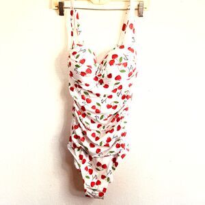 Betsy Johnson "Cherry Bomb" Heart-Print Ruched One Piece Swimsuit New Size L